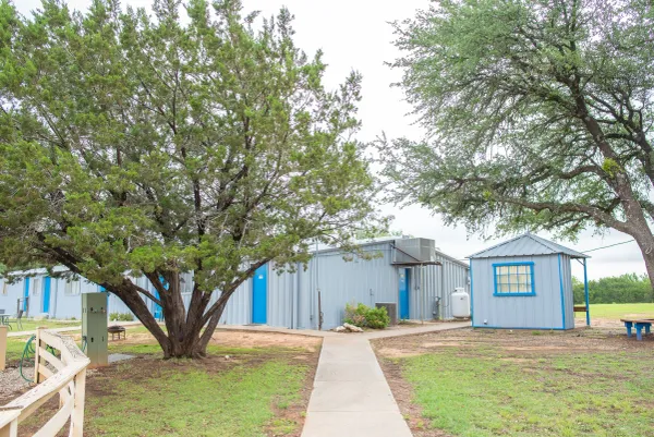 Apartments and bunk houses with blue doors